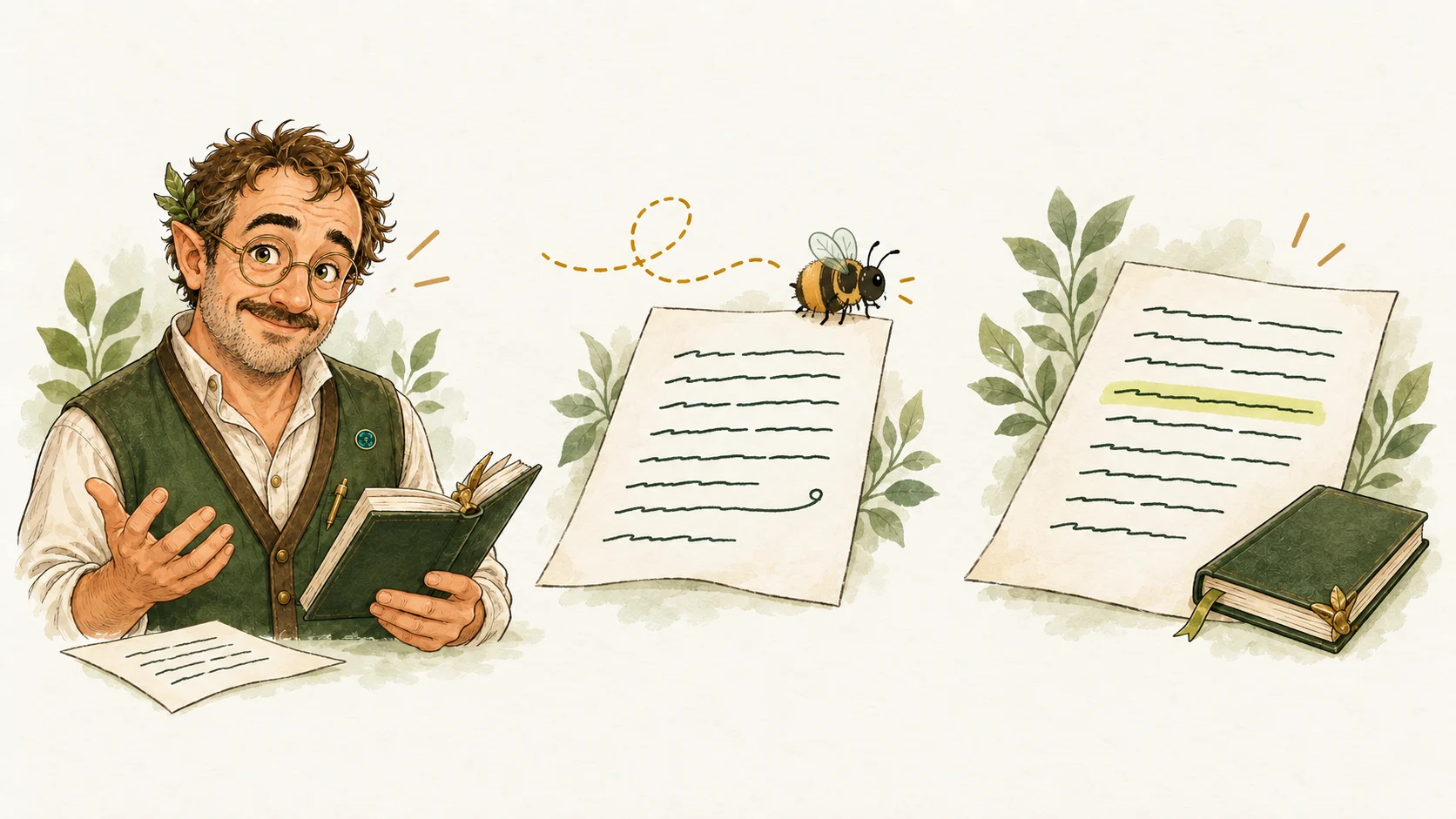 Drei ruhige Szenen: Erklärbert Funkelblatt erklärt neben einem aufgeschlagenen Buch; Bumblebob Haushummel sitzt am oberen Rand eines losen Blatts; rechts liegen eine ungestörte Leseseite mit markierter Passage und ein geschlossenes Buch.