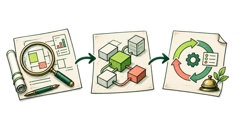 Drei verbundene Blätter zeigen Analyse, technische Integration und laufenden Betrieb.